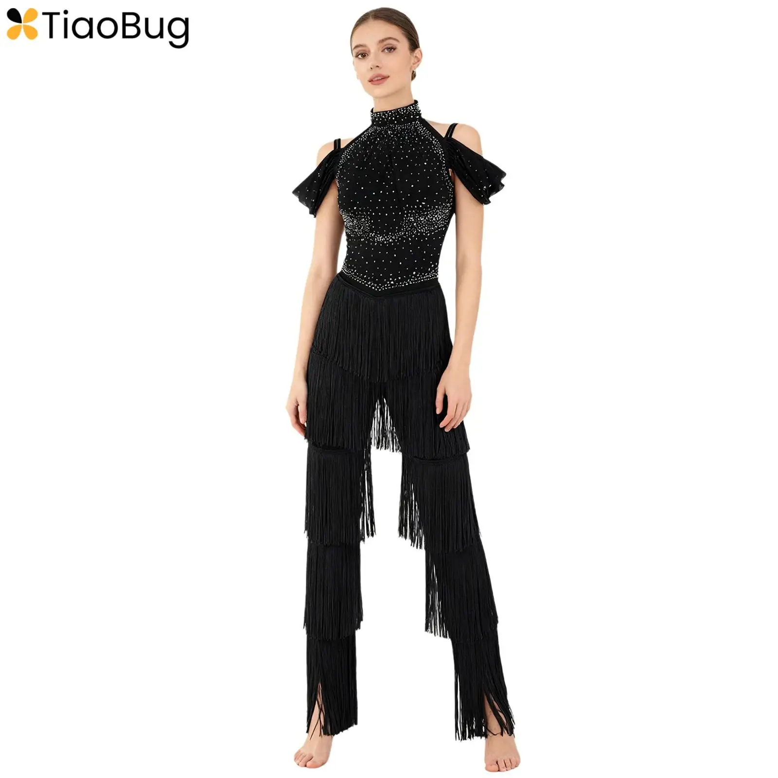 Women Latin Dance Performance Costume New Fringed Trousers Full Bodysuit Jumpsuit Ballroom Tassel Tango Cha-Cha Samba Rompers