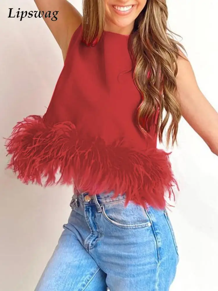 

2022 Summer Fashion Solid O Neck Blouse Shirts Lady Casual Sleeveless Fuzzy Feather Pullover Tops Elegant Loose Vest Women