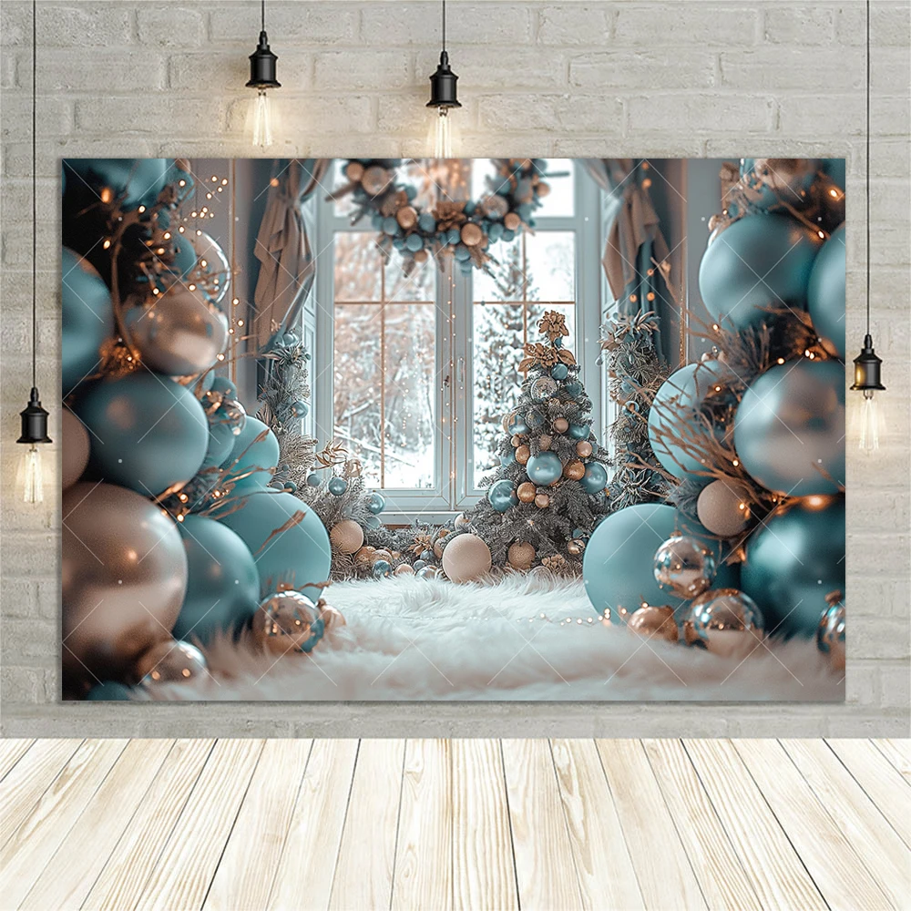 Christmas Tree Forest Photography Backdrop Xmas Balls Arch Wreath Door Green Kid  Winter Photo Custom Background Studio