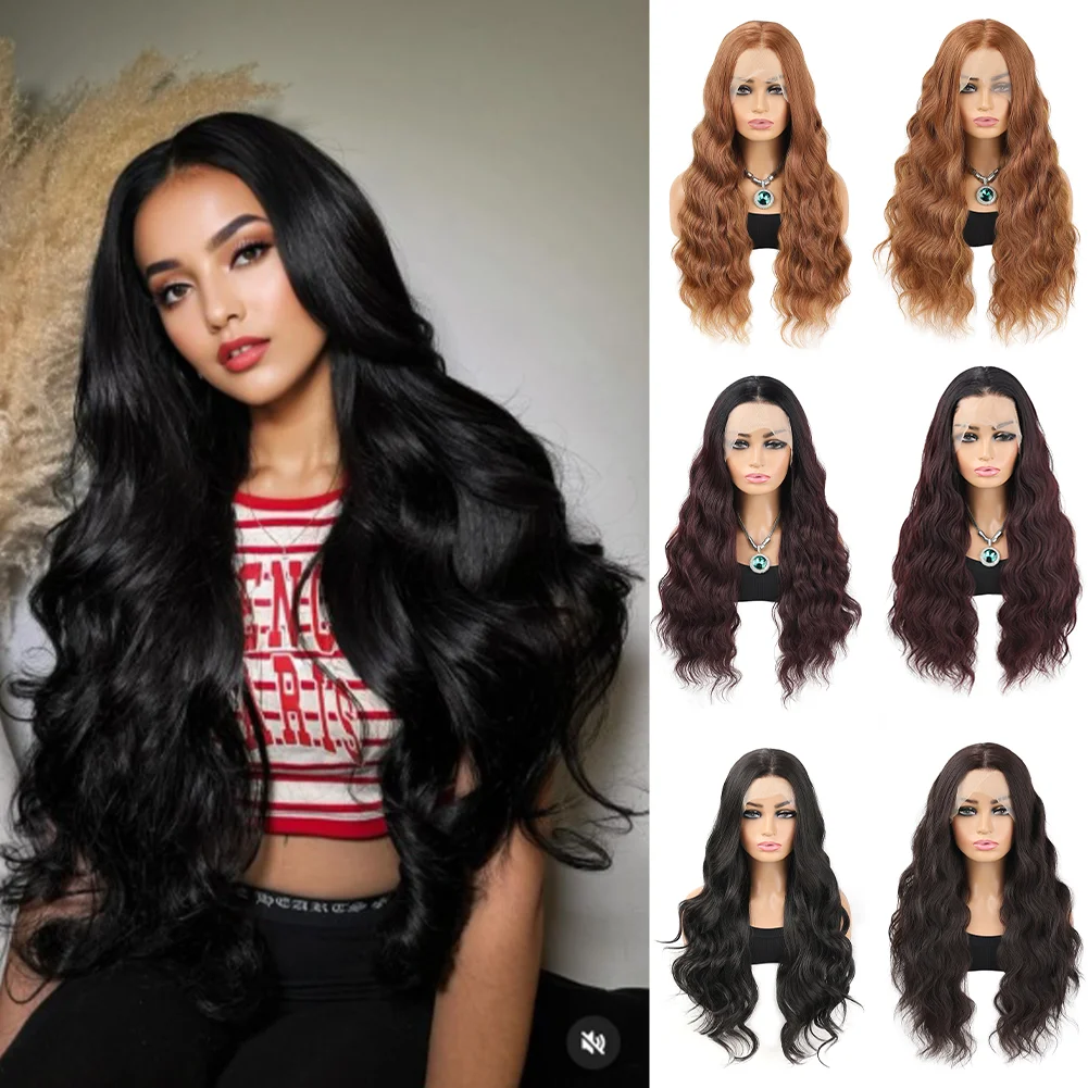 

13*4 Длинные волнистые синтетические парики фронта шнурка для женщин Натуральные волосы Термостойкое волокно Парики фронта шнурка для женщин