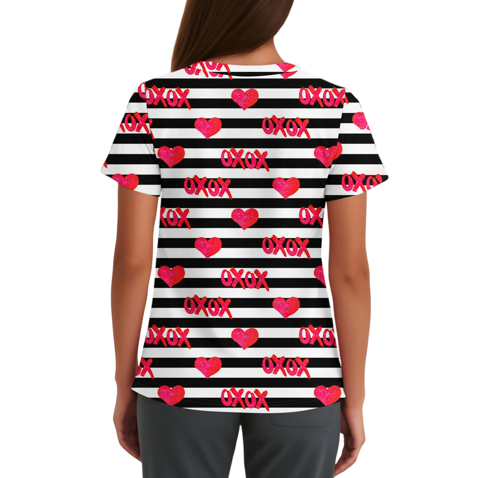 Uniforme d'infirmière pour femmes, haut à col en v en forme de cœur à paillettes rouges, chemisier à manches courtes avec poches pour adultes, vêtements brillants tendance pour la saint-valentin, 2026