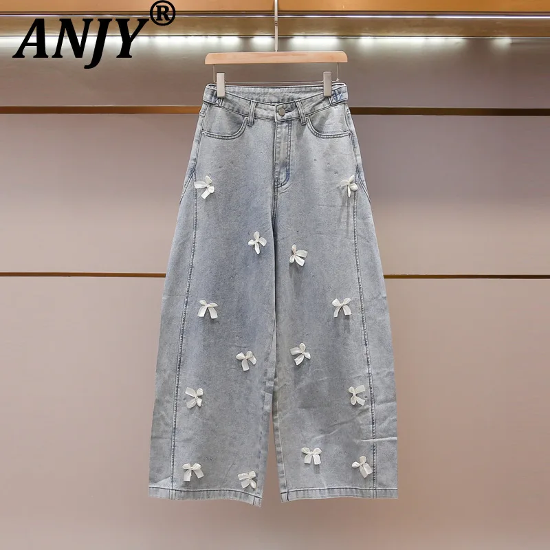 ANJY Spring Autumn New Women High-end Sweet Stylish Three-dimensional Bow Diamonds Wide-leg Jeans Design Ins Casual Pants A28534