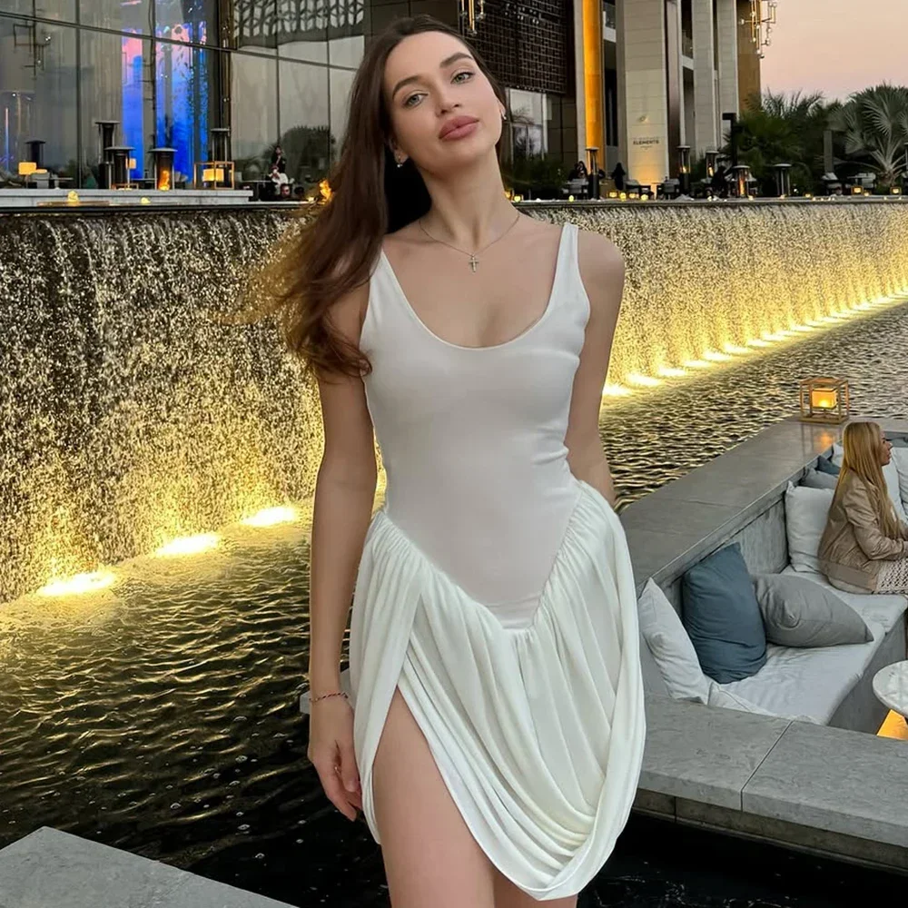 

2025 Sexy Backless Pleated Short Dress Women's Summer High Waist Slit Sleeveless Mini Dress Solid Slim Party Dresses