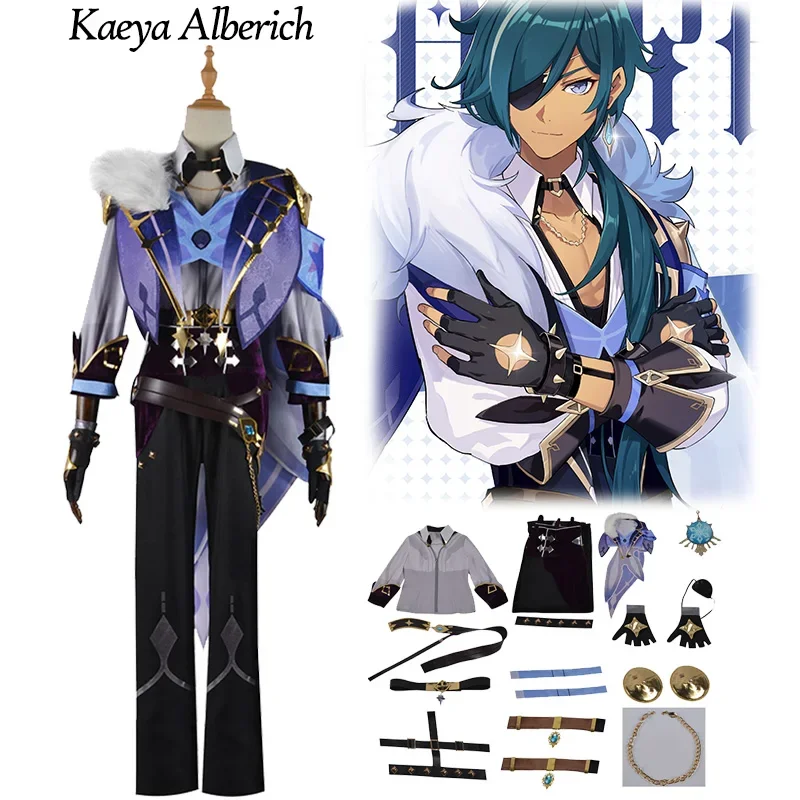 

Kaeya Cosplay Genshin Impact Costume Kaeya Uniform Wig Clothes Boots Shoes Full Set Halloween Party Cosplay Wigs Comic Con