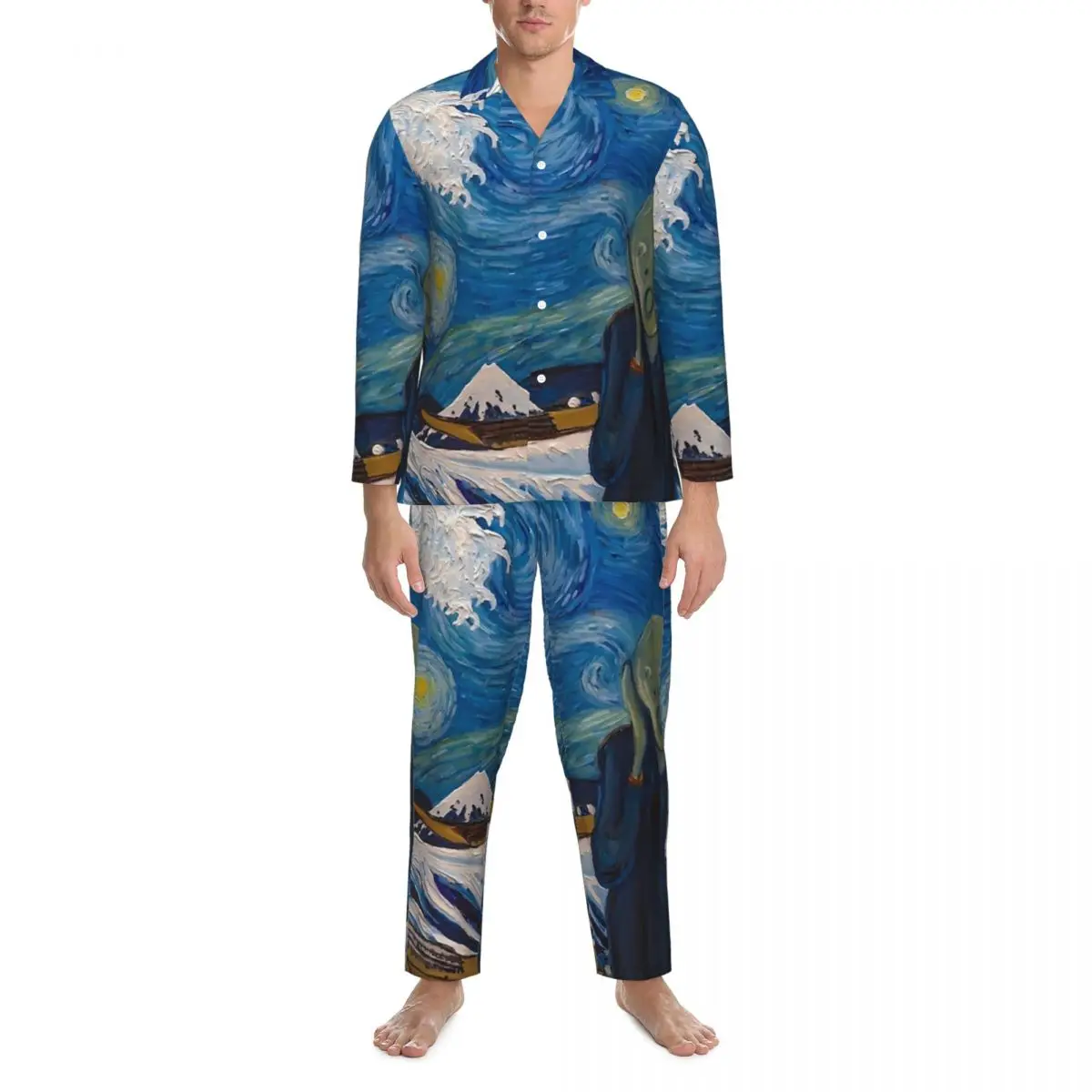 Van gogh noite estrelada pijamas outono a grande onda vintage conjuntos de pijama de grandes dimensões dos homens manga longa kawaii quarto design pijamas