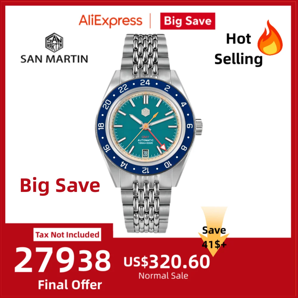 

San Martin Original 39.5mm NH34 GMT Men Mechanical Wristwatch Fly Adjustable Clasp Sport Watch Waterproof 10Bar Reloj SN0116-0/4