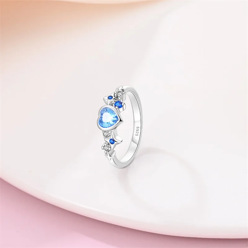 Rings For Woman 925 Silver Color Sweet Bow Pattern Chilly Blue Heart Shaped Zircon Star Ring Engagement Wedding Romantic Jewelry