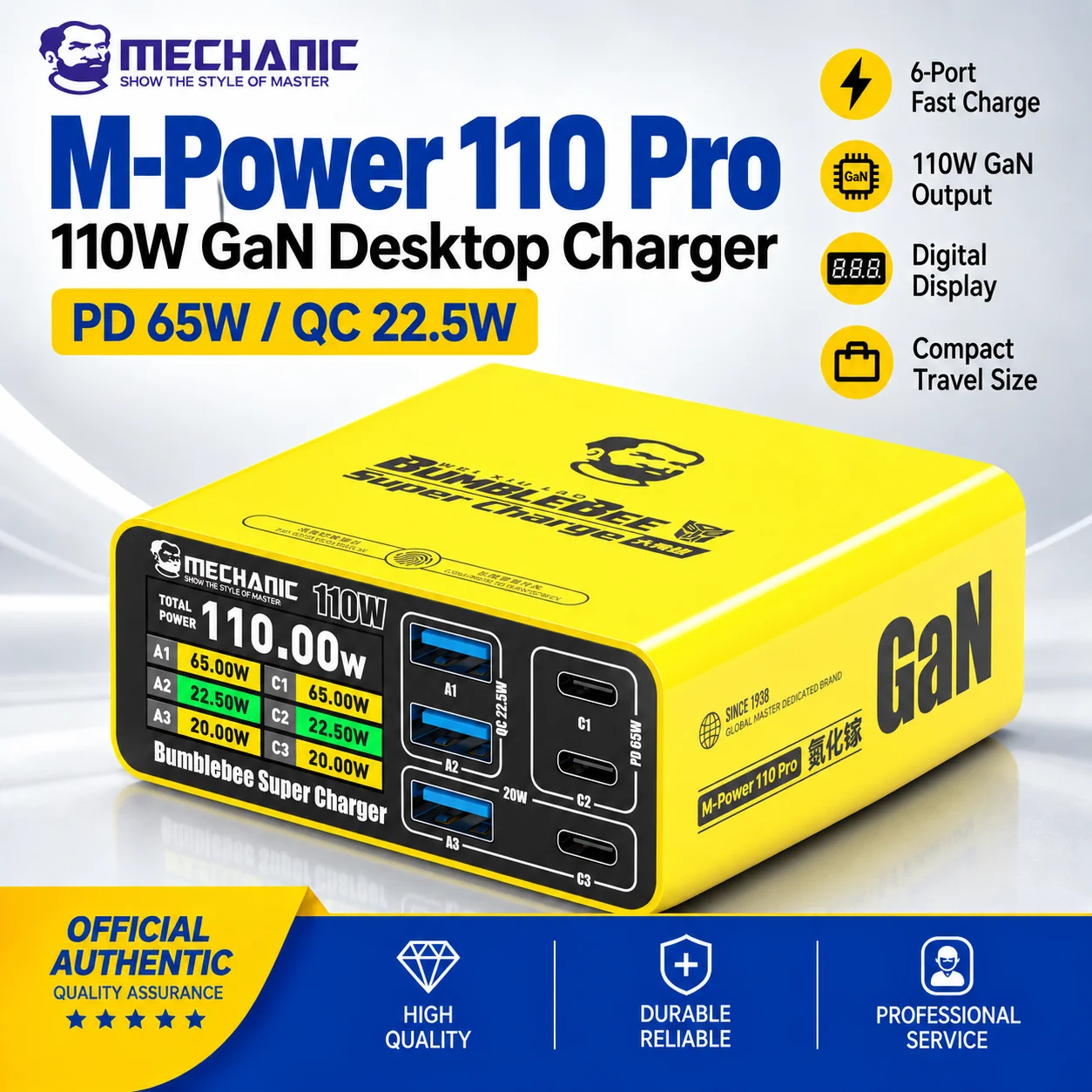 MECHANIC M-Power 110 Pro 110W GaN Wall Charger 6-Port USB-C PD QC Fast Charging Station Digital Display for Laptop Phone Tablet
