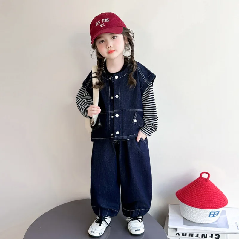 Girls Set 2026 New Spring Outfit Korean Style Childrens Denim Vest Striped Hoodie Three Piece Set
