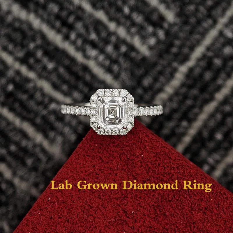 

14k Gold 1Ct Asscher Cut CVD HPHT Lab Grown Diamond Halo Engagement Ring IGI Certified