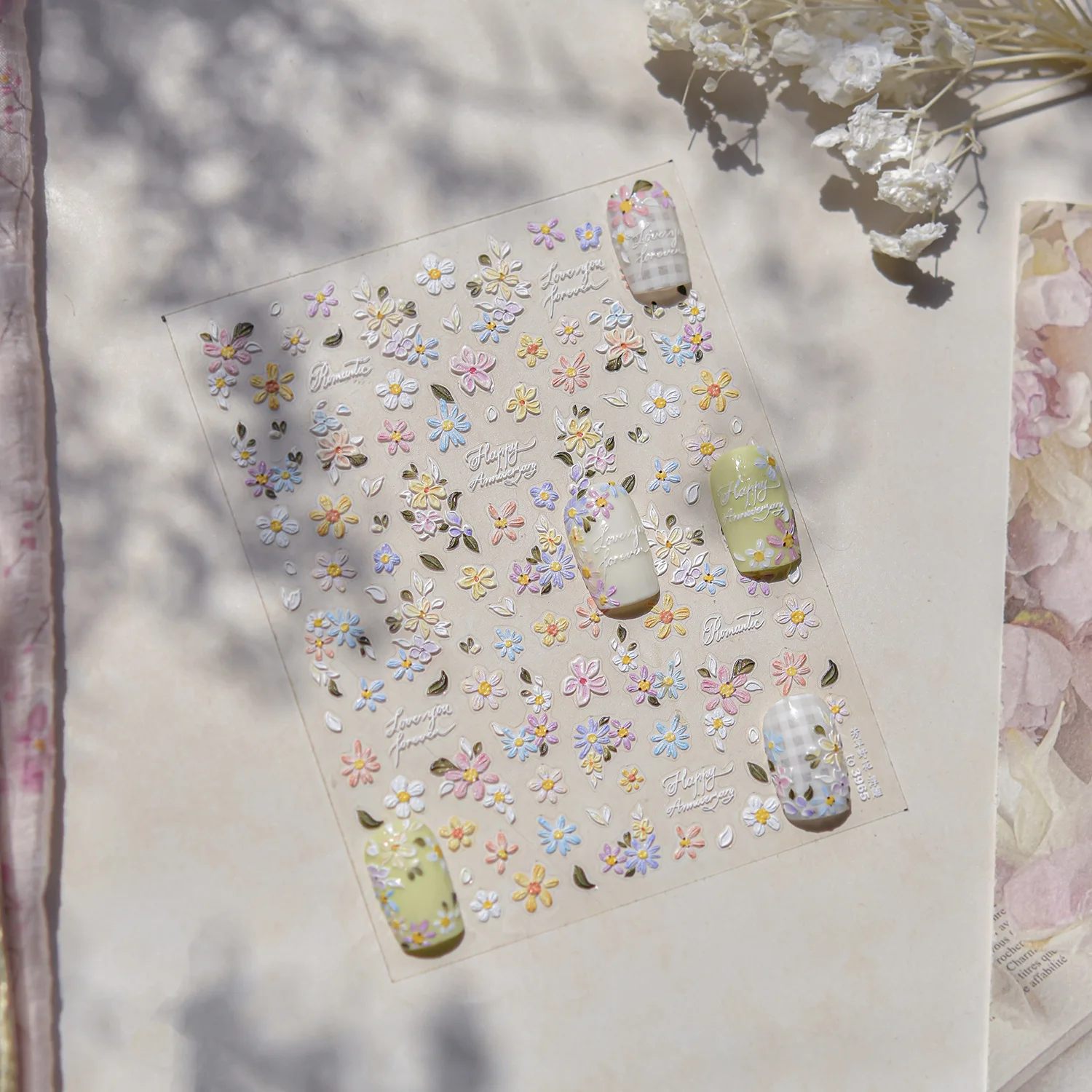 1Pc 5D Colorato Margherita Fiori Foglia Adesivo per unghie Morbido Rilievo in rilievo Carino Margherite Decalcomania per manicure FAI DA TE Floreale giapponese Cursore per unghie