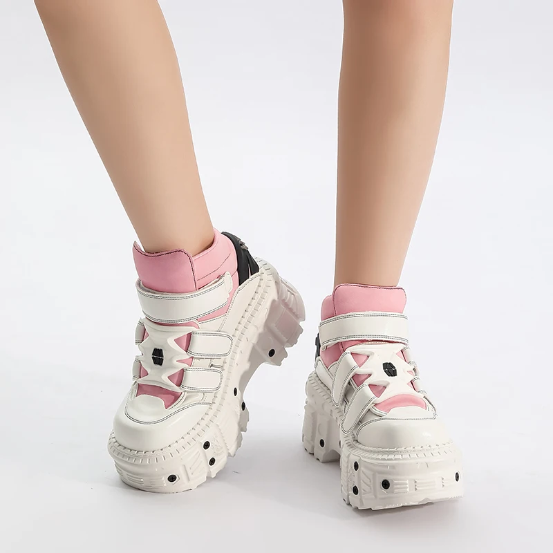 2026  Woman Sneakers New Punk Style Women Shoes Gothic Ankle Rock Boots Lace-up Heel Height Platform Shoes Woman Metal Decor