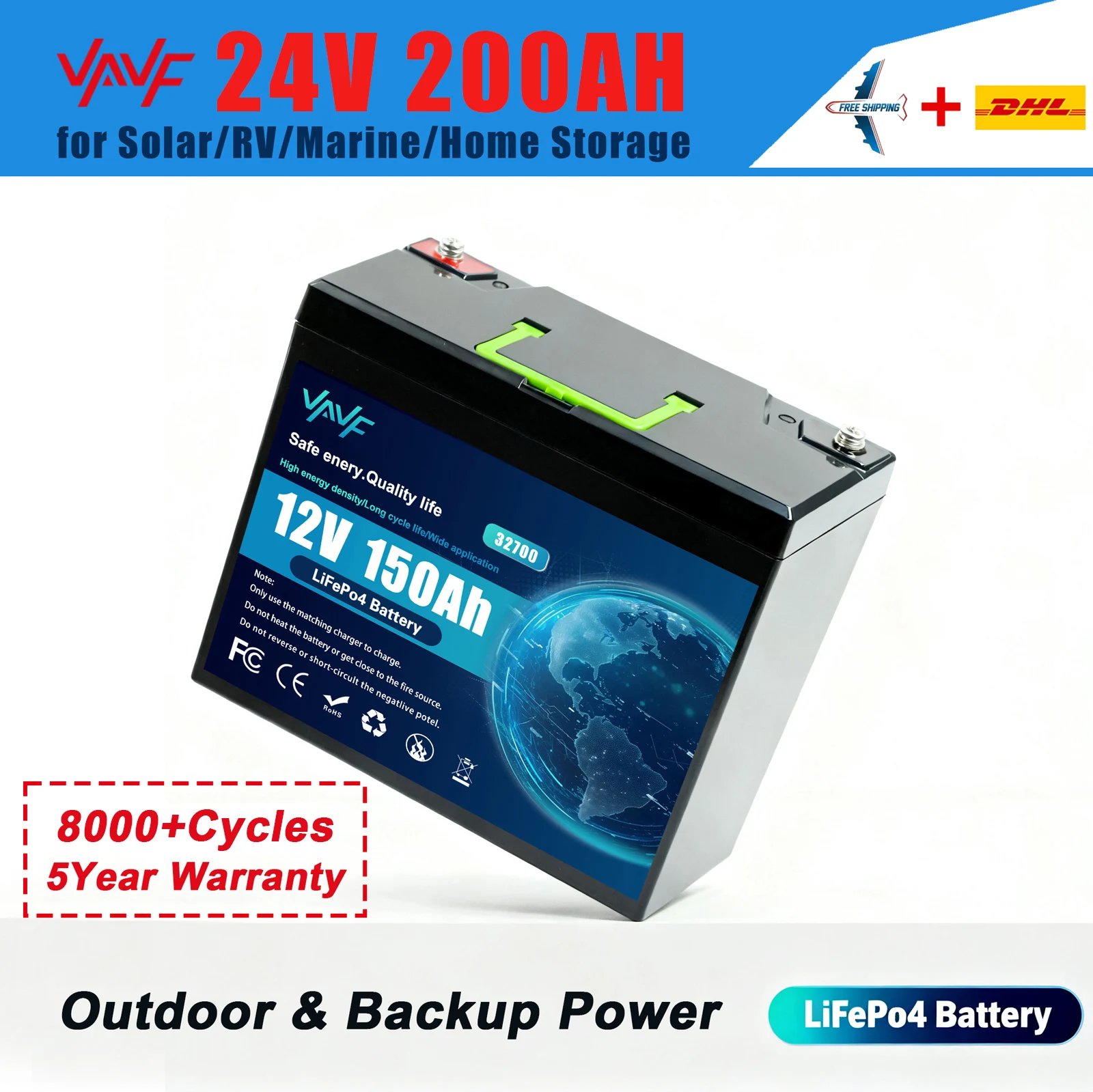 

LiFePO4 24 В 200 Ач Аккумулятор Встроенная защита BMS, 8000+ циклов ⛺️ Подходит для систем солнечной энергии ️ Автофургон/кемпер фургонов, морские лодки