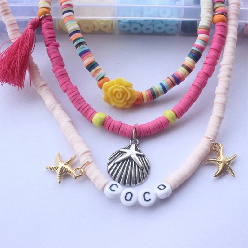 DIY collares, pulseras, pendientes, cuentas redondas arcilla, juego 24 rejillas con cuerdas, cuentas, fabricación a