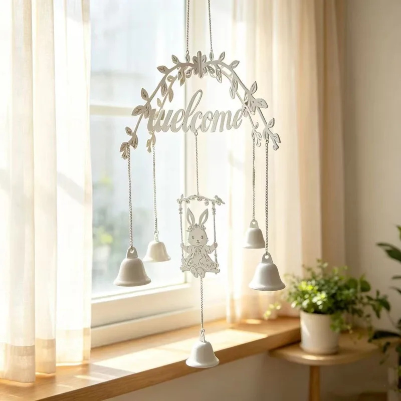 Metal Wind Chime Door Bell Rabbit Swing Welcome Sign Outdoor Garden Porch Window Balcony Hanging Pendant Ornament Home Decor