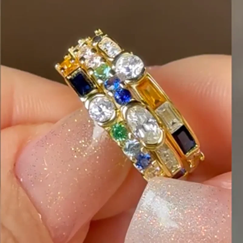 KQDANCE  925 Sterling Silver Ring Color Geometric Irregular Artificial Yellow Blue Green Gemstone Vintage Unisex Jewelry Ring