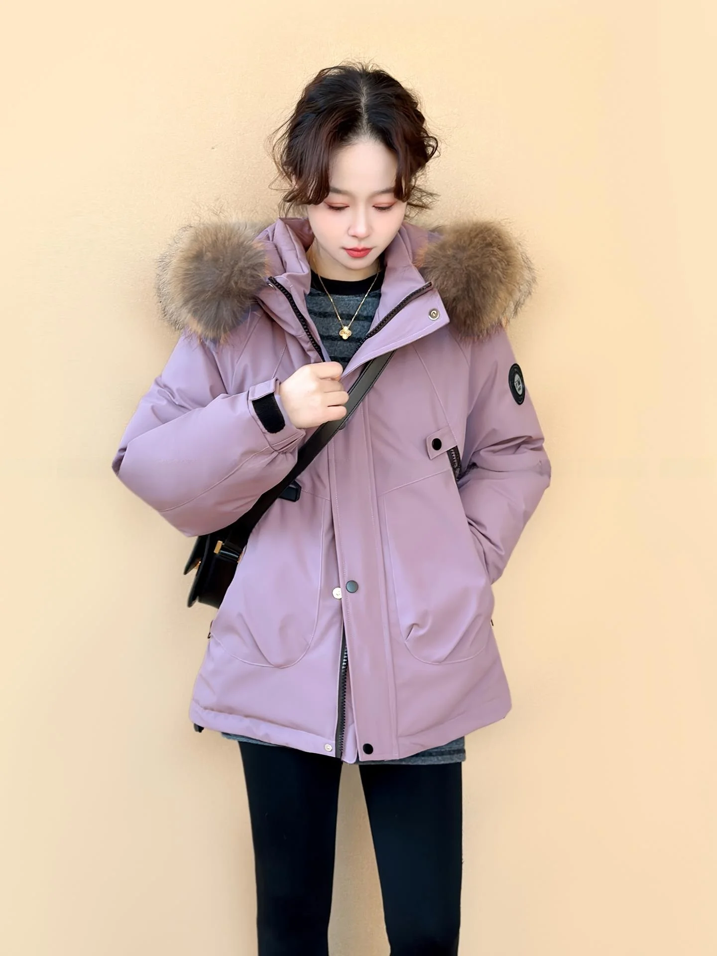 

Women's Parka Coat White Du down Puffer Jaet Large Fur Collar 90% down Winter Outerwear Commute Sle Korean Loose Fit