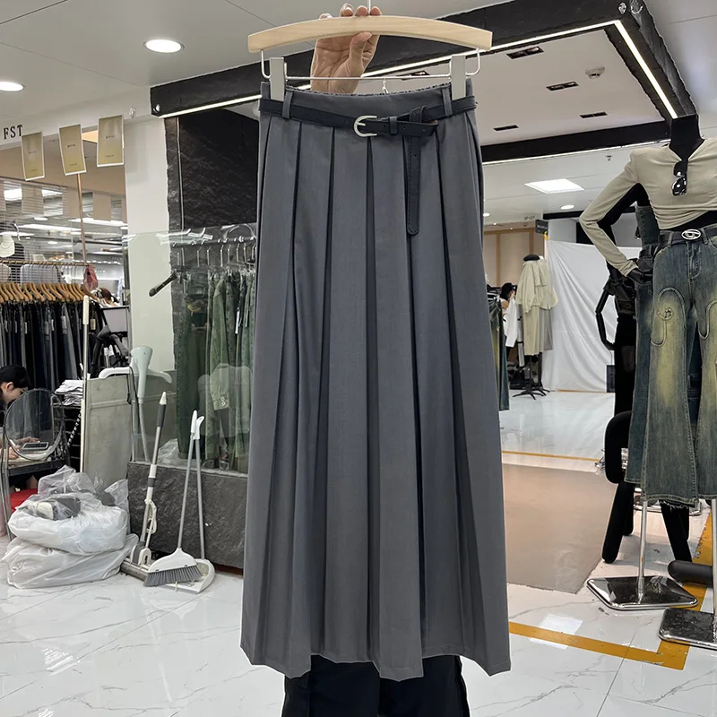 KUSAHIKI Korean Autumn 2023 College Style Pleated Skirt Fashion Elegant High Waisted with belt vausal Suit A-line Long Skirts