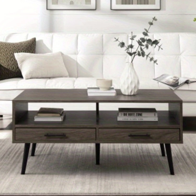 Modern Minimalist Design Furniture With Wooden Two Drawer Low Coffee Table Suitable For Living Room Or Home Office Bedroom