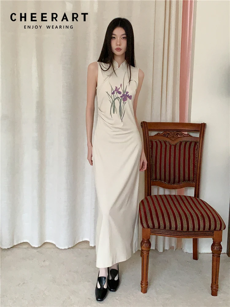 CHEERART Vintage Floral Sleeveless Cheongsams Long Dress For Women Summer 2024 Beige Qipao Midi Modes Dress Clothes