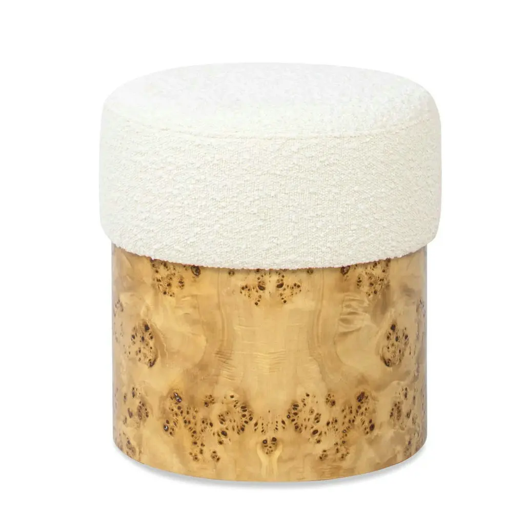 #Contemporary LivingRoom Round Burl Veneer Wood Ivory White Boucle Upholstered Ottoman Bedroom Fun Cozy Makeup Stool for Bedroom