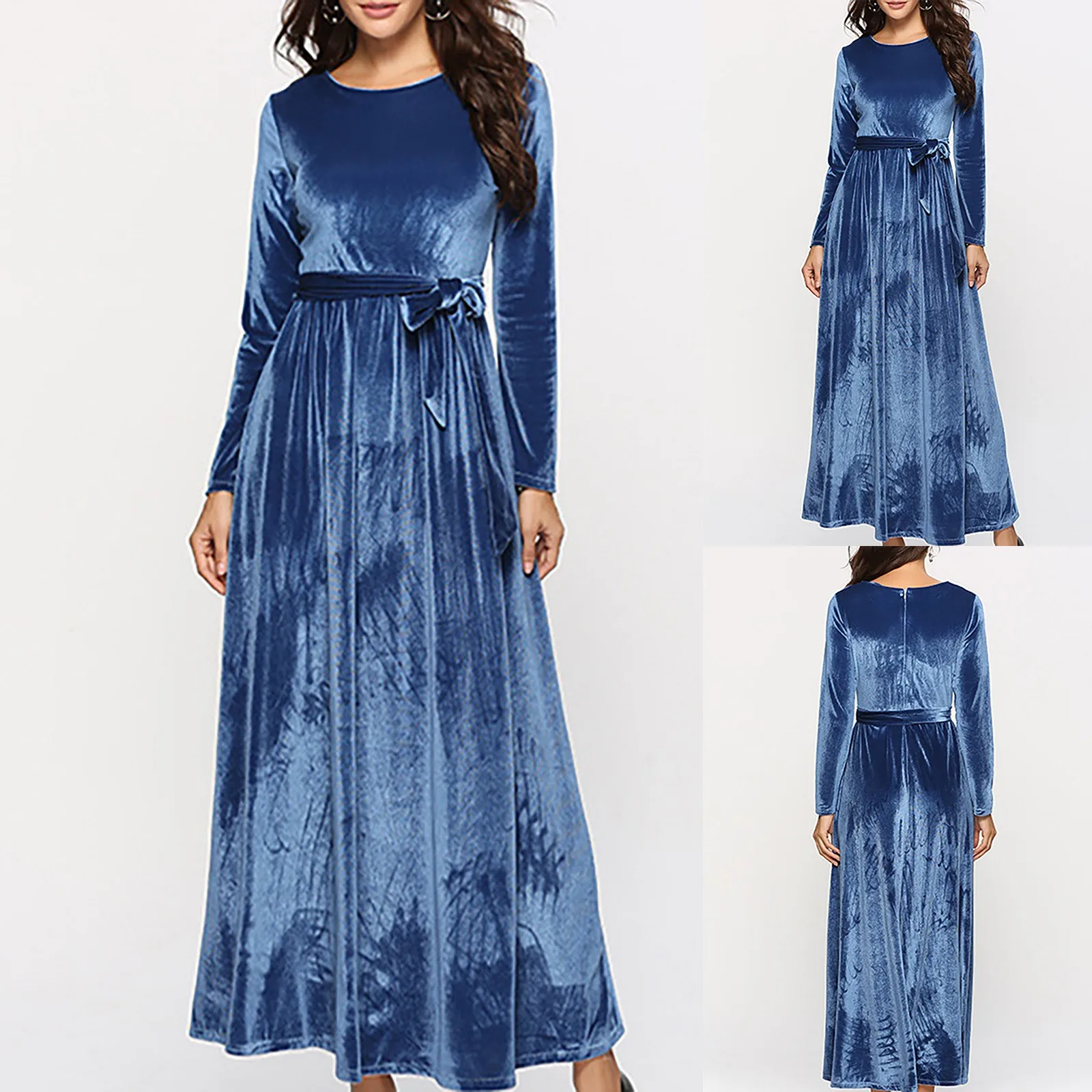 Robe longue en velours à fermeture éclair pour femmes, robe à col rond, robe à manches longues, ceinture, élégante, bleue, adaptée à l'éducation, masade, document solide