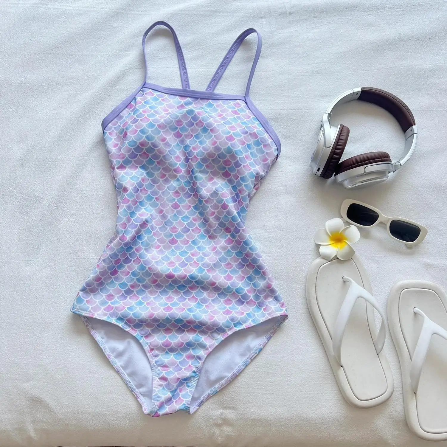 

Competitive Racing Swimsuit for Women One Piece Purple Fish Scale Print Athletic Training Swimwear with Bra for Sport Pool Beach