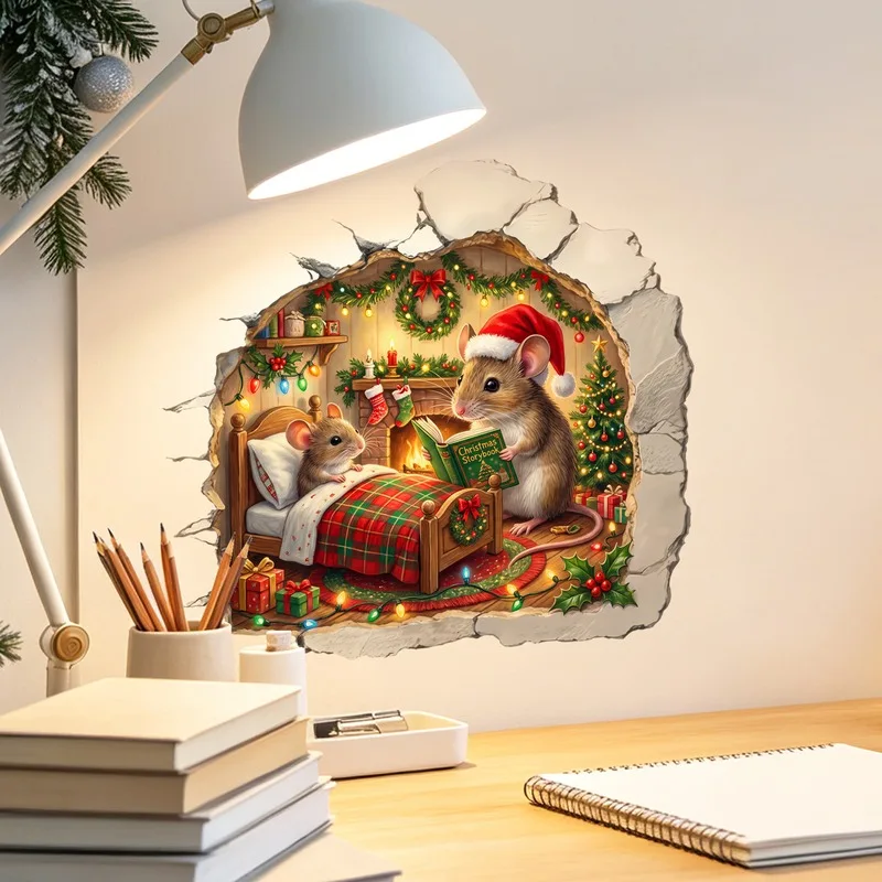 VIKAMA Mouse Christmas Story Baby Wall Sticker Xmas Bedtime Self-Adhesive Decor for Living Room Bedroom Dorm
