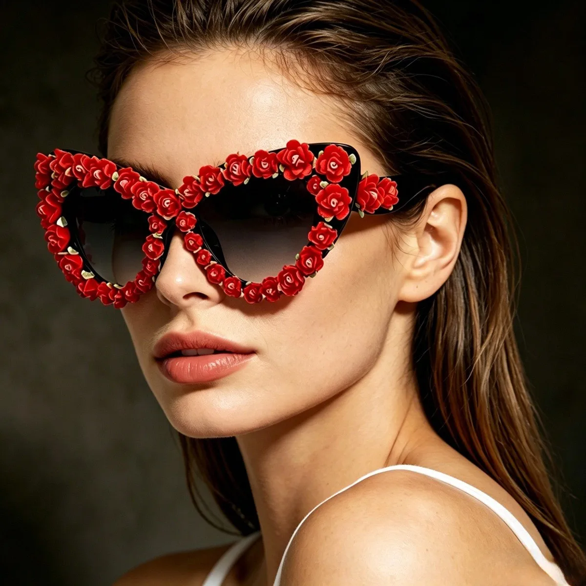 

Vintage Baroque Floral Cat Eye Sunglasses for Women Full Frame 3D Red Rose Decor Gradient Grey Lens UV400 Trendy Holiday Eyewear