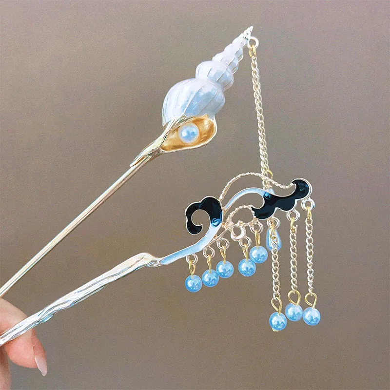 Vintage Hairpin Chinese Style Tassels Wave Conch Hair Stick Tassel Bun Pin Elegant Hair Chopsticks for Women Girls Hair Styling
