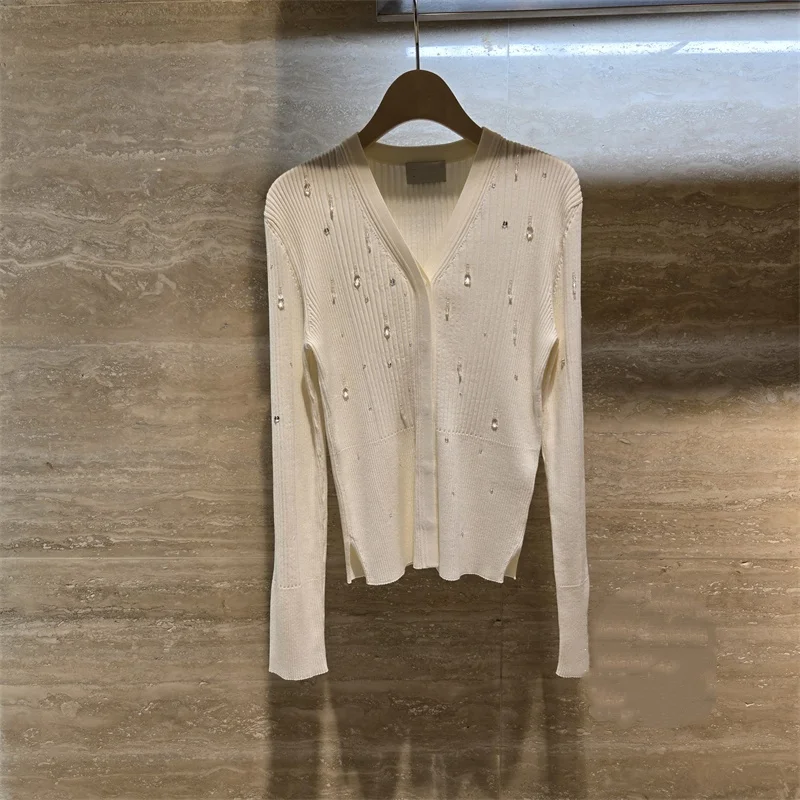 

Ele Knitted Cardigan Long Sve V-Ne Hand-Sewn Rhinestone Slim Fit Comfortable Outerwear Commute Sle Pure Color
