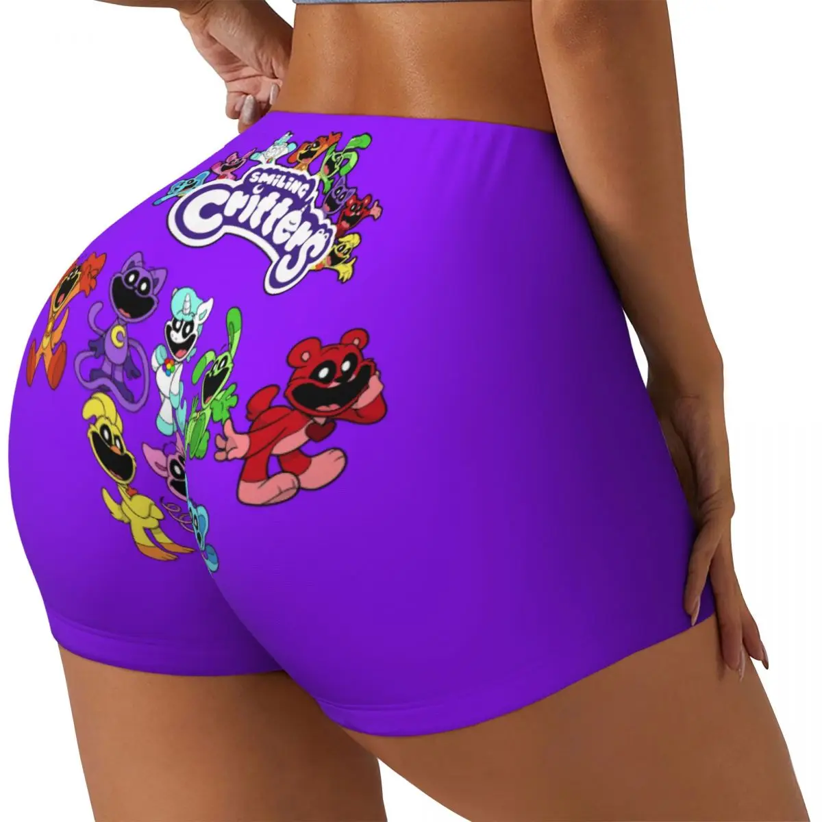 Custom Colorful Smiling Big Mouth Critters Group Biker Running Gym Shorts for Women Scarry Animated Game Workout Yoga Shorts