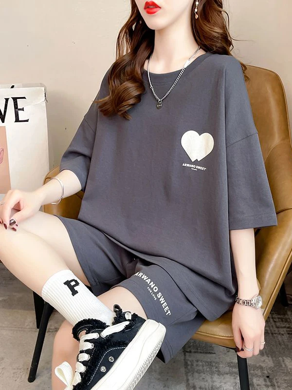 

Повседневный спортивный комплект премиум-класса: летний новый комплект больших размеров из чистого хлопка, свободная футболка с коротким рукавом и шорты, модный комплект из двух предметов