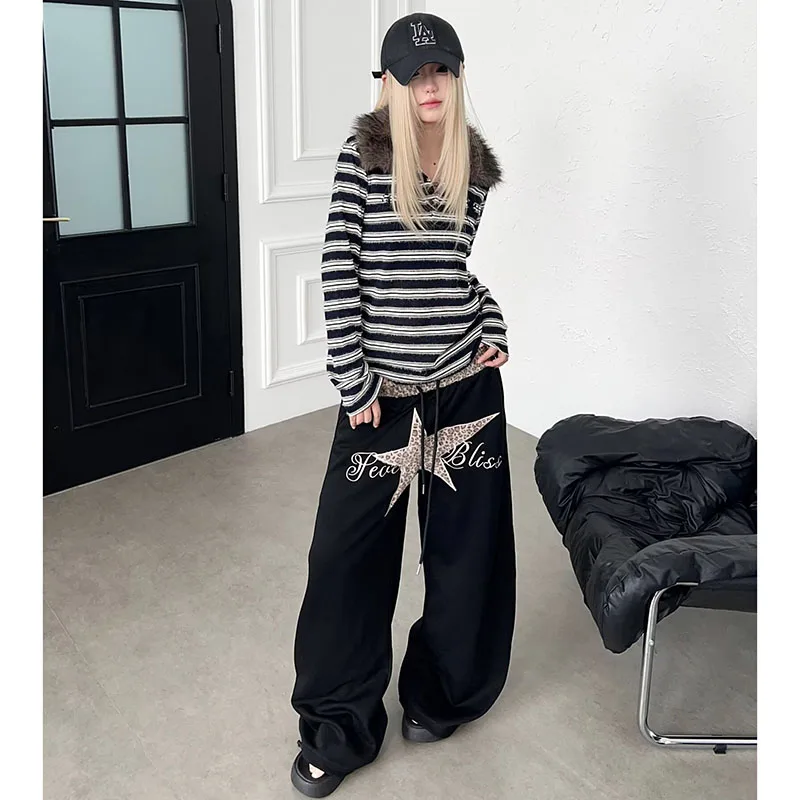 Women Leopard Print Double Waistband Star Embroidered Loose Sweatpants Girls Trendy Letter Versatile Black Long Trousers