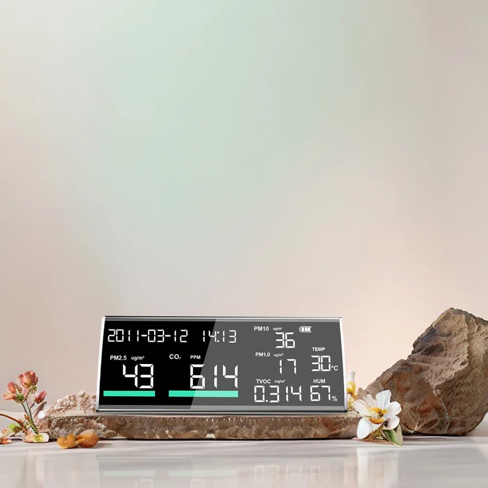 كاشف جودة الهواء CO2 PM2.5 عالي الجودة متعدد الوظائف باللون الأسود مع منفذ TVOC لدرجة الحرارة والرطوبة من النوع C ضمان لمدة سنة واحدة