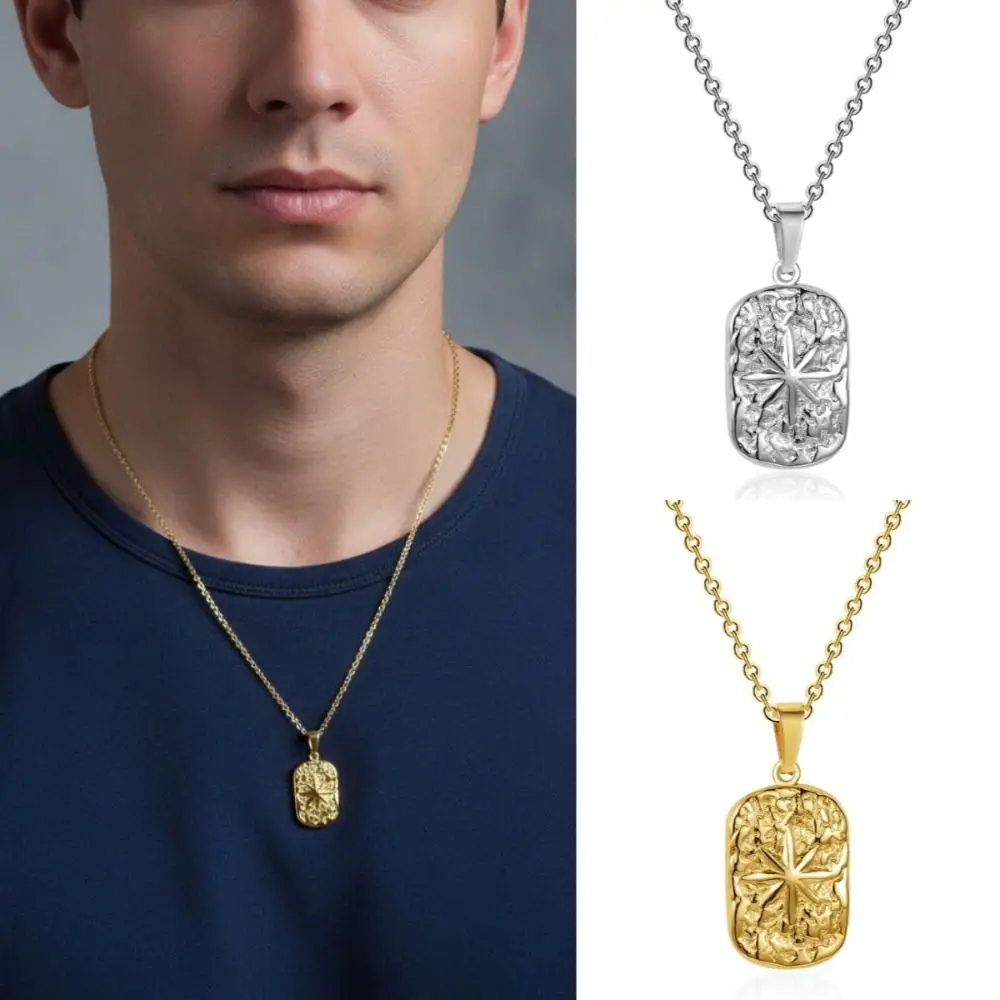 Hammered Finish Stainless Steel Pendant Necklace Silver Color Non Fading Eight Point Star Pendant With Chain