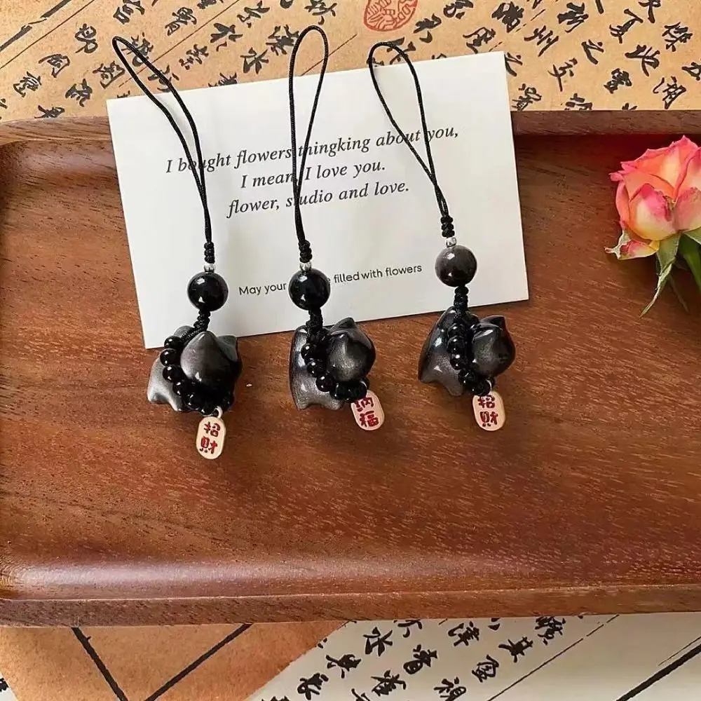 

Серебряный обсидианный кот, брелок на удачу, сумка, подвески, подвесная плетеная веревка, кулон, орнамент, плетение веревки, камень, автомобильный брелок для ключей, подарок
