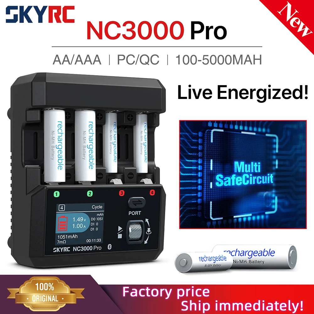 NEW SkyRC NC3000 Pro NiMH NiCd Battery Charger PD/QC AA/AAA Smart Battery Charger 4-slot LED Screen APP Control Charger Discharg