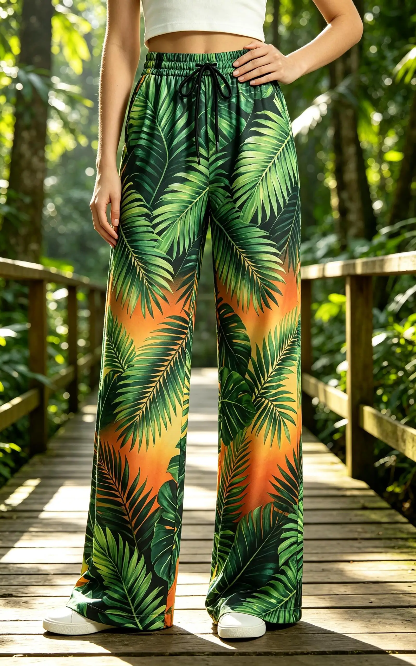 Summer Women Jungle Palm Frond Gradient Pattern Wide Leg Trousers Drawstring High Waist Loose Vacation Palazzo Pants