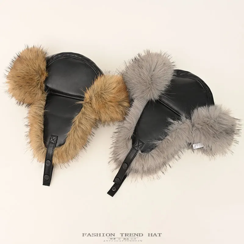 Winter Russia PU Leather Hat Faux Fur Waterproof Trapper Hat Plush Ultra Soft Ushanka Aviator Hat with Ear Cushions Bomber Hat