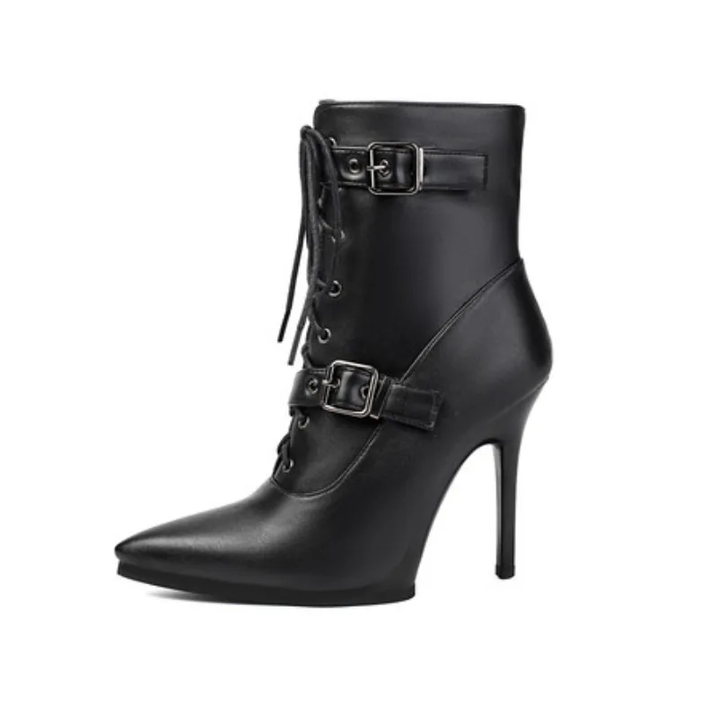 

Brand 2025 Sexy Female Ankle Boots Pointed Toe Stiletto 11cm Lace Up Belt Buckles Metal Decoration Party Women Bota
