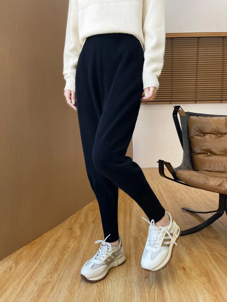 Women Fashion100% Pure Wool Pants Ladies Warm Knitted Soft Skinny Leisure Pants Versatile Horse Boot Trousers