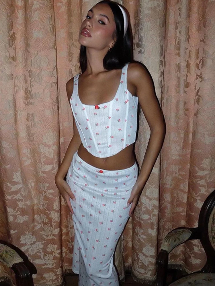 Corsé con estampado Floral para mujer, Top sin mangas, Falda Midi, traje con tirantes y cuello cuadrado, conjunto ajustado para cadera y nalgas, primavera y verano, 2023