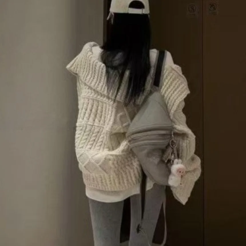 سترة نسائية كورية أنيقة من Thiened فضفاضة غير رسمية كسول Hanrt Thi إبرة متماسكة سترة بيضاء مفتوحة