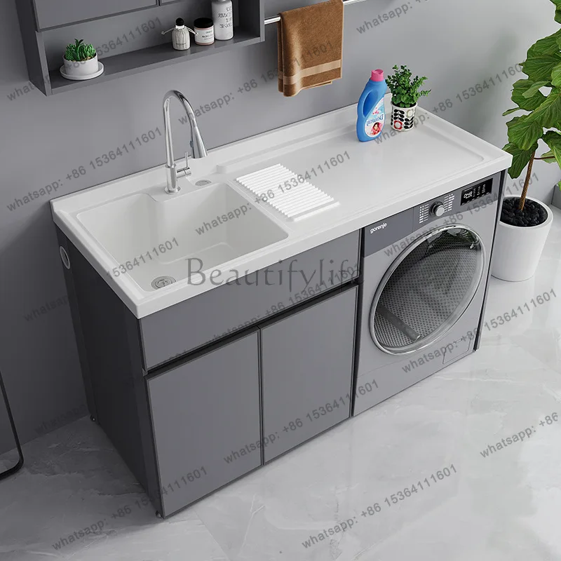 Balcony, washing machine cabinet, quartz stone integrated basin, corner cutting double launching with washboard