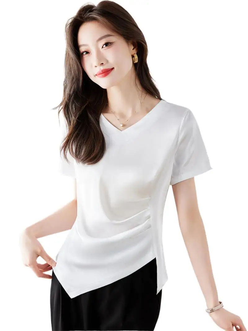 

New Summer Women's V-Neck Short Sleeve T-shirt Satin Hem Irregular Bottom Left 4 Ties Solid Color Loose Women's Top