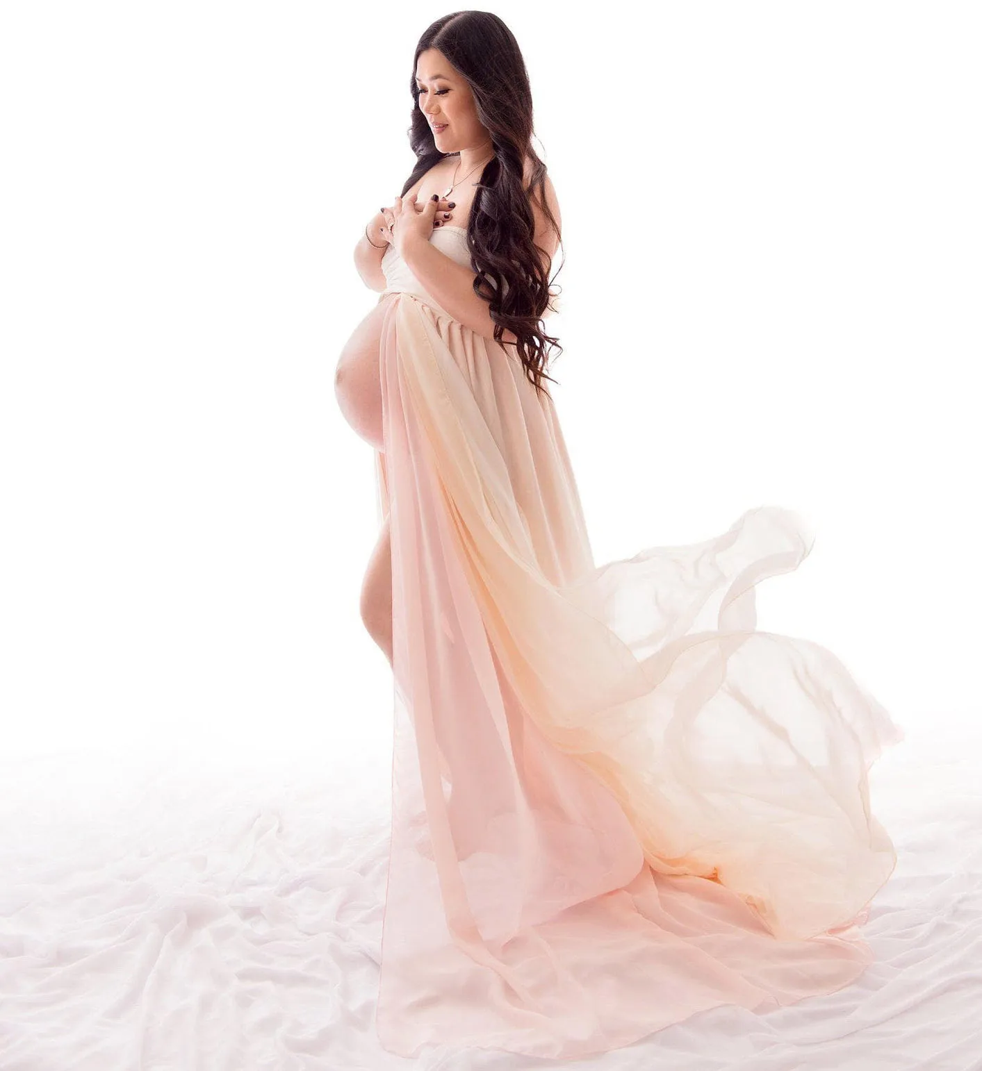 Maternity Double-Layer Floor-Length Dress with Front Opening for Photoshoot Photography Dress