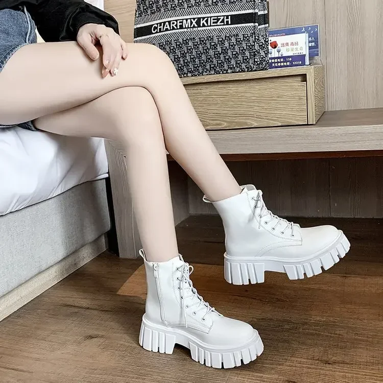 Chunky Platform White Ankle Boots Women Autumn Winter Pu Leather Combat Booties Mujer Punk Thick Bottom Motorcycle Boots