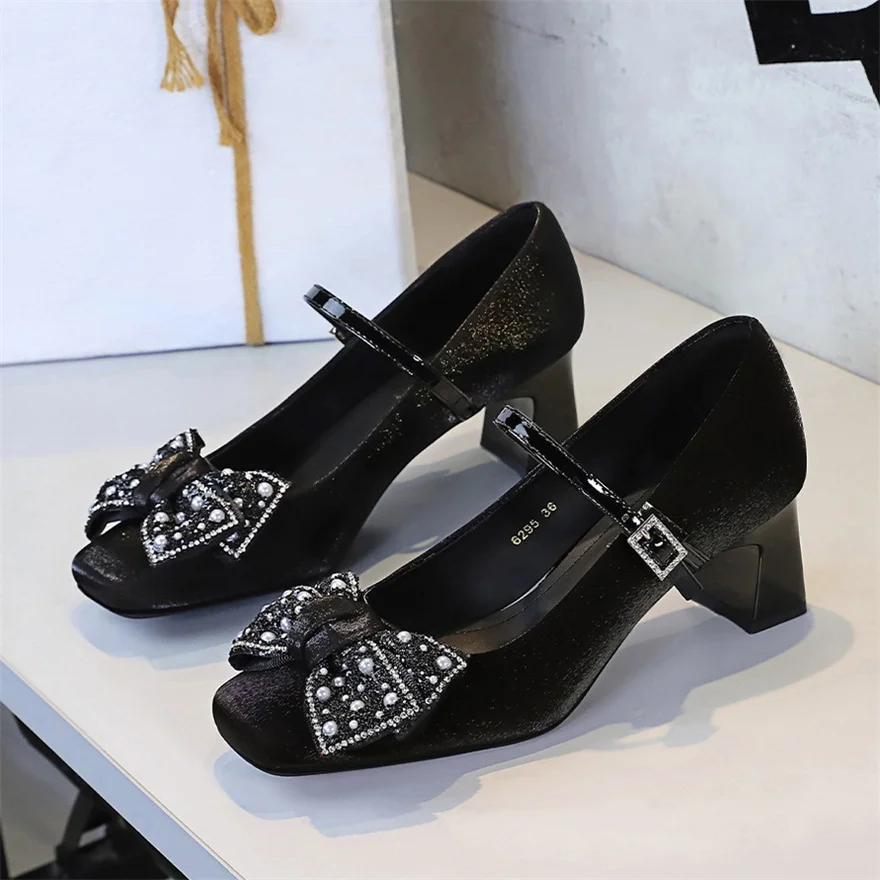 BIGTREE Spring CRYSTAL Butterfly Knot Satin Pumps One Strap Buckle Square Head Mid Heel Woman Elegant Heels Ladies Single Shoes