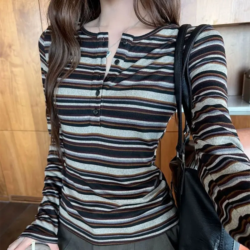 

Korean Preppy Style Striped Slim T-shirts Female Clothing Henry Collar Button Spring Autumn Chic Vintage Long Sleeve Pullovers